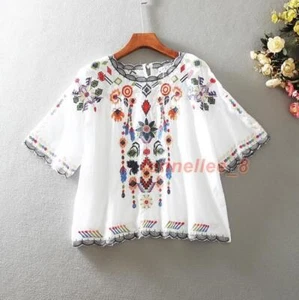 Camicia casual donna top da donna etnica a maniche corte cotone ricamato fiore ricamato - Foto 1 di 10