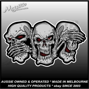 SEE HEAR SPEAK NO EVIL - THREE WISE SKULLS - 200mm x 112mm  - Decal / Sticker - Picture 1 of 1
