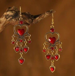Women Retro Boho Bohemia Chandelier Red Heart tassel Hook Drop Dangle Earrings - Picture 1 of 12