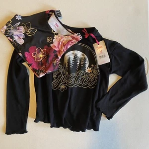 JUSTICE Girls Gymnast Gold Glitter Graphic Long Sleeve  Open Back Black Med 10 - Picture 1 of 17