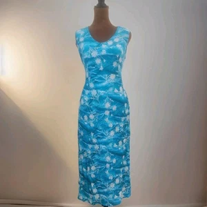 Vtg 90s Caroline Wells Dress Midi Tie Back Blue Watercolor Floral Casual S/M - Picture 1 of 8
