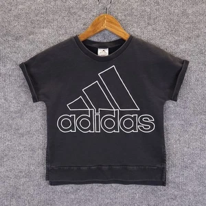 Adidas Shirt Girl's Large Black Cropped Short Sleeve Athleticwear Big Logo Youth - Picture 1 of 8