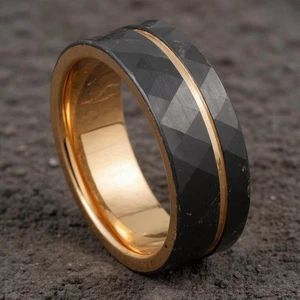 Hammered Black Tungsten Ring w/ Rose Gold Men's Wedding Band Mens Ring 8mm - Picture 1 of 3