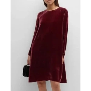 Eileen Fisher Velvet Dress Long Sleeve Silk Viscose Crewneck Party Red XL NWT - Picture 1 of 15