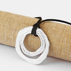 Antique Silver Long Suede Leather Open Double Round Circle Pendant Necklace - Picture 1 of 9