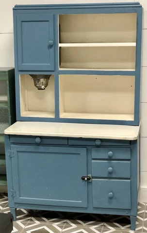 Antique Blue & White Hoosier Kitchen Cabinet w/ Flour Sifter & Porcelain Counter Cover