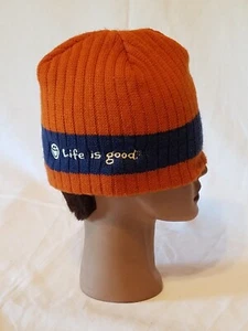 LIFE IS GOOD Adulto Unisex Clima Frío Sombrero - Naranja con Ancha Raya Azul - Logotipo - Imagen 1 de 4