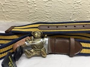 Polo Ralph Lauren Men's Bear Buckle Leather & Canvas Belt Blue Yellow Sz 42 NWT - Picture 1 of 4
