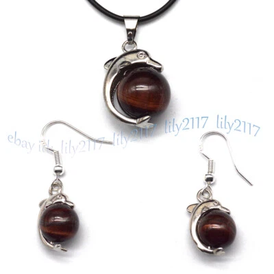 Collar colgante bola delfín ojo de tigre rojo de 14 mm + juego de pendientes de 10 mm Foto 1 de 4