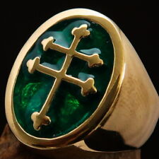 OVAL SHAPED MENS BRASS CROSS LORRAINE PINKY RING CHRISTIAN SYMBOL GREEN SIZE 14