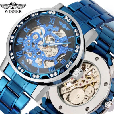 Winner Mechanical Watch Men's Handwind Skeleton Steel Wristwatch Luminous Hands - Image 1 of 4