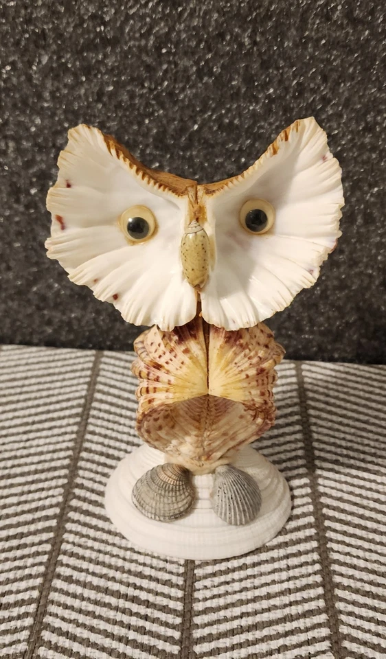 Vintage Sea Shell Owl Art Sculpture Statue On Shell Base Handmade Large 6” - Image 1 of 4