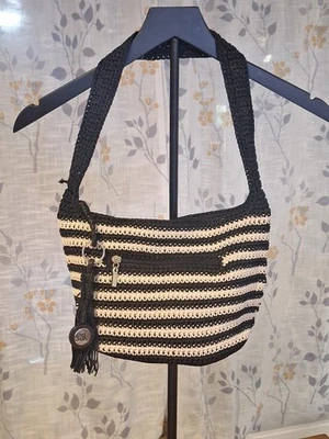 The Sak Crochet Black and White Stripe Hobo Slouch Hand Bag Purse Boho - Image 1 of 4