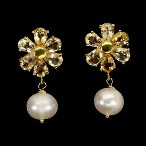 925 Sterling Silver Earrings Pear Citrine 6x4mm Pearl Natural Gemstone Jewelry - Picture 1 of 14