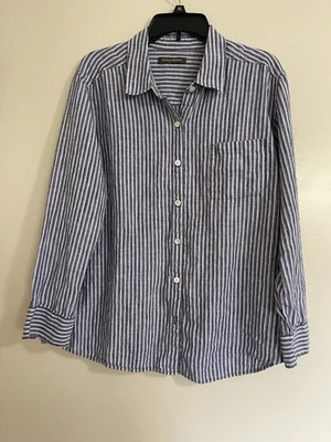 Camisa casual feminina Tommy Bahama 100% linho listrada com botões tamanho G - Imagem 1 de 3