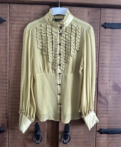 Principles Petite Mustard Green Silk Vintage Style Blouse With Ruffles Size 12 - Picture 1 of 8