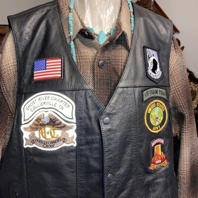 First Classics Black Leather Vest Size 6X Harley Owners Group Ghost River TN Vet - Image 1 of 4