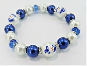 Snowman Bracelet Christmas BLUE Snowman Handmade Jewelry Beaded Bracelet 