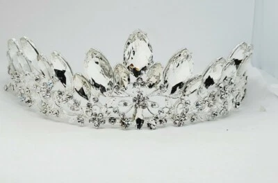LARGE Bridal Wedding Party Prom Flower Crystal Silver CROWN TIARA 2.5"  - Image 1 of 4