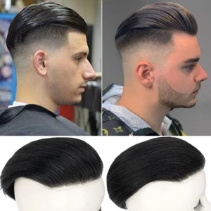 Thin Skin Men's Toupee Human Hair Replacement System Wigs Hairpiece Slicked Back - Picture 1 of 27