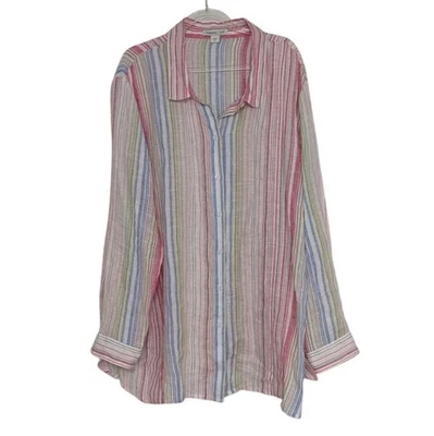 Coldwater Creek 亚麻条纹衬衫女式 2X 码粉色长袖纽扣前襟 — 第 1/4 张图片