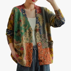 NFYM Patchwork Cardigan Blumen Boho Oversize Knopfleiste Mehrfarbig Druck EUC - Bild 1 von 12