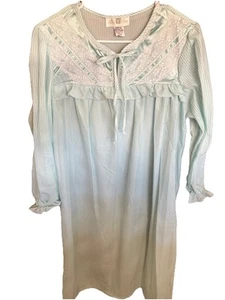 Vintage Ashley Ames Long Sleeve Nightgown Large Fleece Teal Blue Stripe Lace - Picture 1 of 6