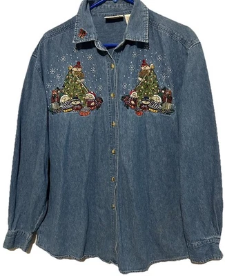 Faded Glory Denim Chambray Shirt 14W Christmas Bears Blouse Embroidery Button Up - Image 1 of 4