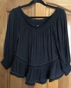 SuperDry Black Off-Shoulder Top with Gold Trim - Size 10 - Picture 1 of 8