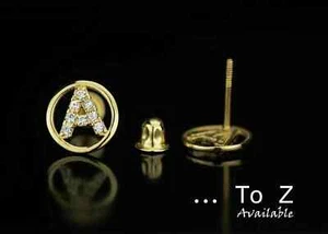 14k Yellow Gold 14K White Gold Initial Letters CZ Stud Screw back Earrings Gift - Picture 1 of 28
