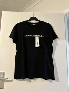 Karl Lagerfeld Black T-shirt With Fluorescent Yellow Logo Size Uk M BNWT - Picture 1 of 2