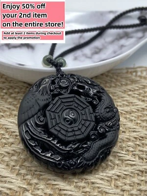 Jade Obsidian Dragon Charm Pendant Necklace Beads Cord Handmade Tai Chi diagram - Image 1 of 4