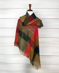 NWOT Ben Goodman Scarf Shawl Vintage Large Plaid Sparkly Red Olive Green Japan - Picture 1 of 8
