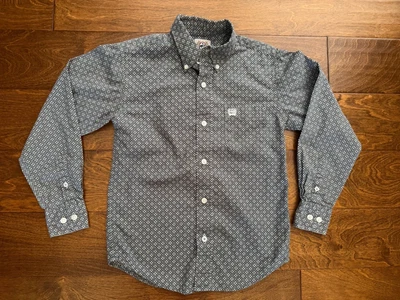 Camisa Cinch Youth Boys pequena 6-8 verde roxa geométrica treliça botão para baixo - Imagem 1 de 4