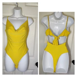 Meraki Lemon Yellow Cowl Neck Sleeveless Adjustable Strappy Bodysuit M NWT - Picture 1 of 12
