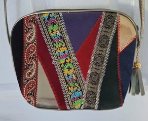 Vintage FDC Shoulder Strap Bag Cross Body Velvet Tapestry Patchwork Geometric - Picture 1 of 9