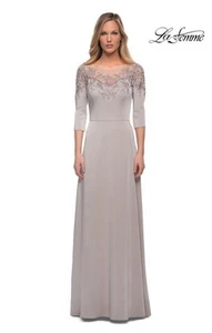 La Femme Womens Size 4 Silver 29227 Embroidered Illusion Neck Gown Dress $469 - Picture 1 of 18