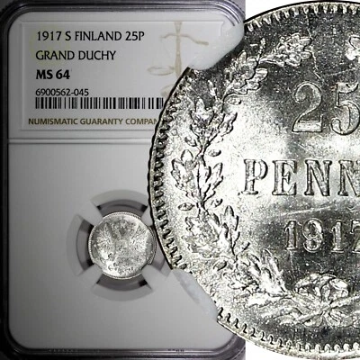 Finland Nicholas II 1917 S 25 Pennia NGC MS64 Grand Duchy KM# 6.2 (045) - Image 1 of 4