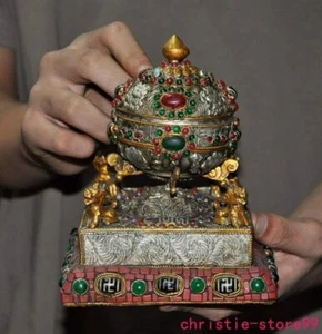 6" Antiguo Templo Budista Tibetano Incrustación Plata Tibetana Gema Rueda Oración Estatua - Imagen 1 de 10