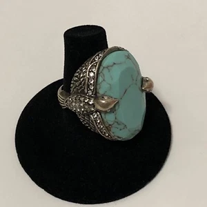 Fossil Turquoise Tone Stone Ring  With Bird On Each Side Size 7 - Picture 1 of 19
