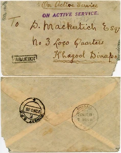 INDIA WW1 MILITARY OAS ENVELOPE PAQUEBOT KHAGAUL No 3 LOCO Quarters 1918 - Picture 1 of 3