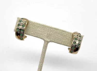 Genuine Emeralds & Diamonds Solid 14k Yellow Gold Clip On Style Ladies Earrings  - Image 1 of 4