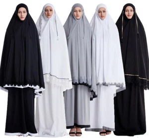 2pcs Women Prayer Dress Abaya Hijab Khimar Skirt Kaftan Dress Muslim Overhead - Picture 1 of 53