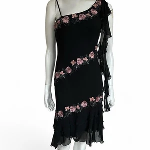 Vintage 90s Cache Black Embellished Asymmetrical Midi Dress - UK 8 - Picture 1 of 6