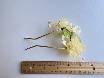 Шикарная стеклянная вилка для волос с цветочным узором для новобрачных — желтый цветочный U-образный головной убор канзаши - Изображение 1 из 4