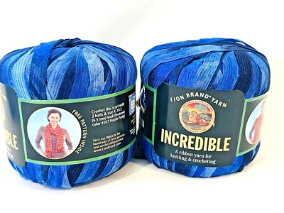 2 Lion Brand Incredible Ribbon Yarn Knitting & Crocheting Blue Shades #520 #202 - Image 1 of 4