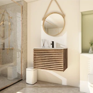 Bathroom Vanity Set Wall Mounted W/ Drop in Sink Mid-Century Cabinet Set - Picture 1 of 13