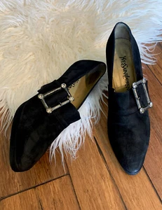 Elegant Vintage Yves Saint Laurent Black Leather Suede High heel Shoes Size 8M - Picture 1 of 24