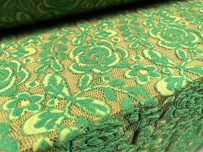 Stretch Lace Dress Fabric, Per Metre - Floral Rose Design - Bicolour - Green - Image 1 of 3