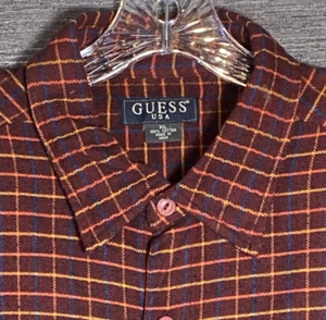 Guess Shirt Mens Extra Large Button Rust Brown Red Plaid 100% Cotton - Picture 1 of 11